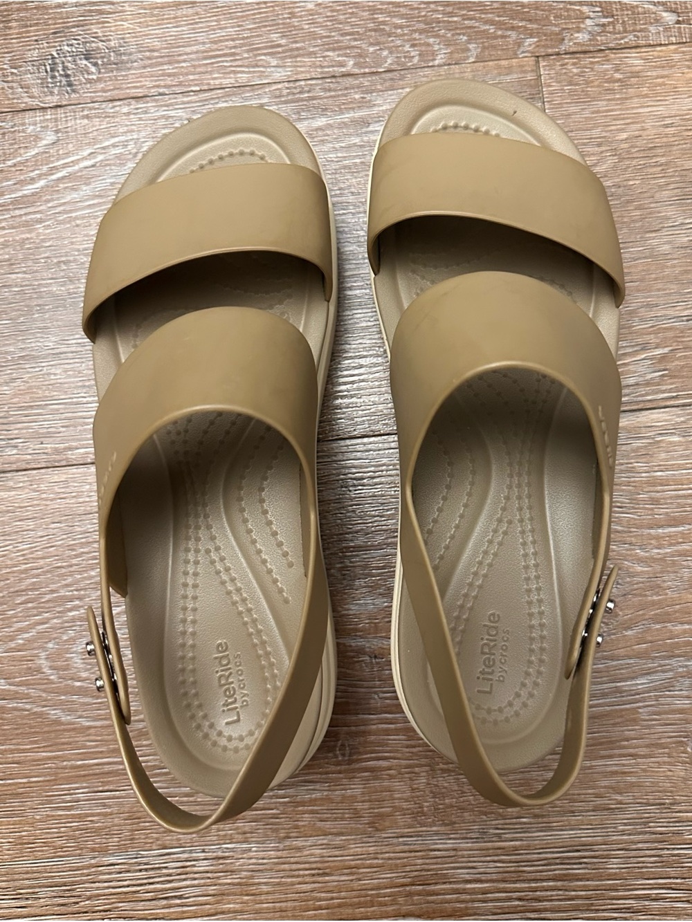 CROCS Women's Tan Double-Band Slide Sandals